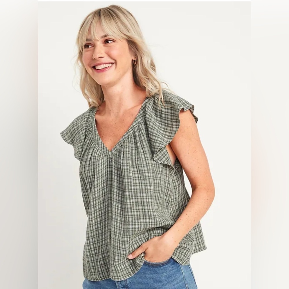 Old Navy Loose Check-Patterned Flutter Sleeve Top